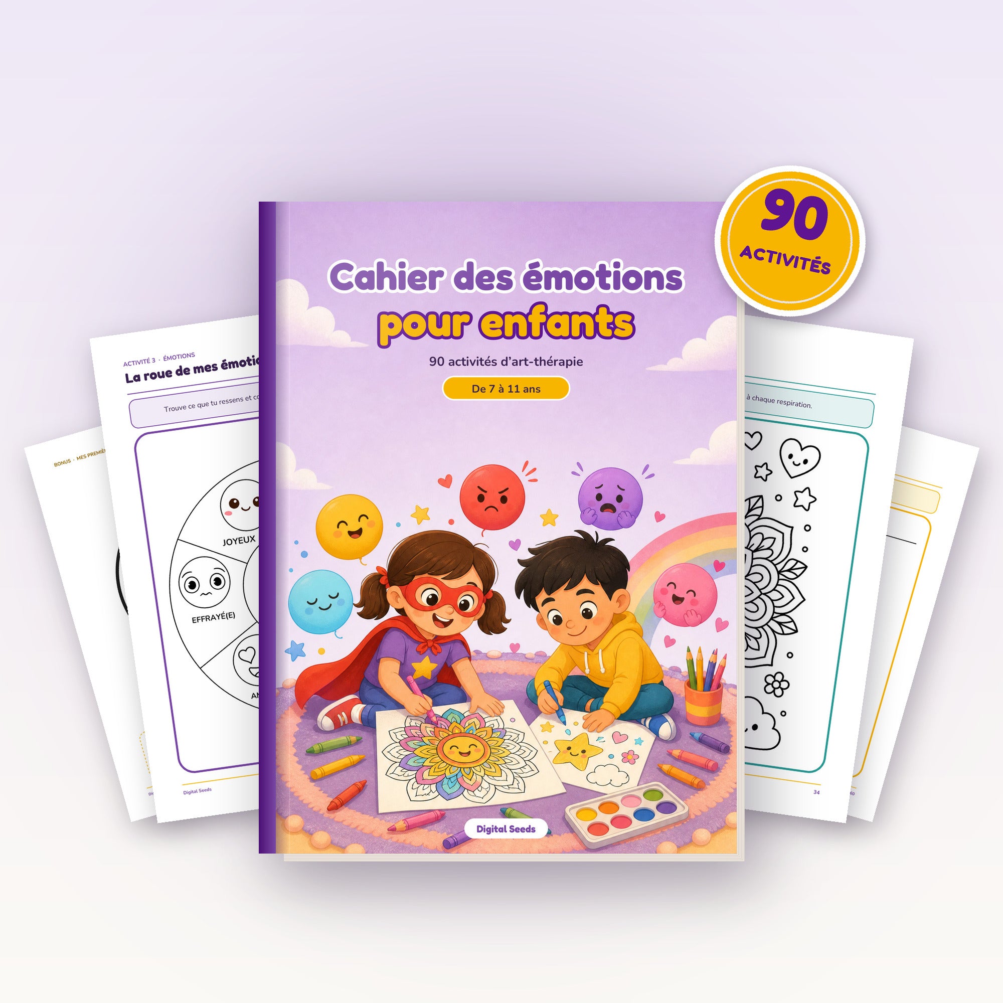 Cahier des émotions pour enfants : couverture et pages intérieures
